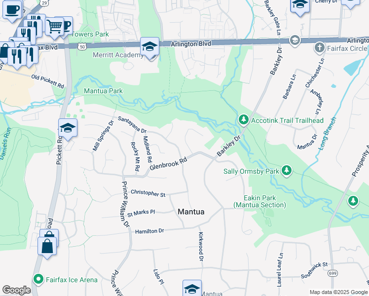 map of restaurants, bars, coffee shops, grocery stores, and more near 3322 Parkside Terrace in Fairfax