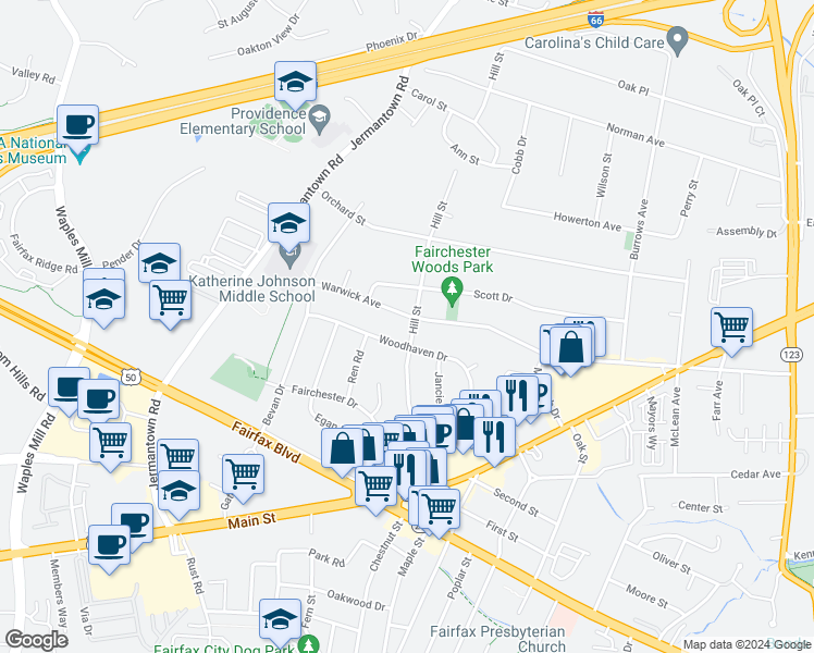 map of restaurants, bars, coffee shops, grocery stores, and more near 3804 Hill Street in Fairfax