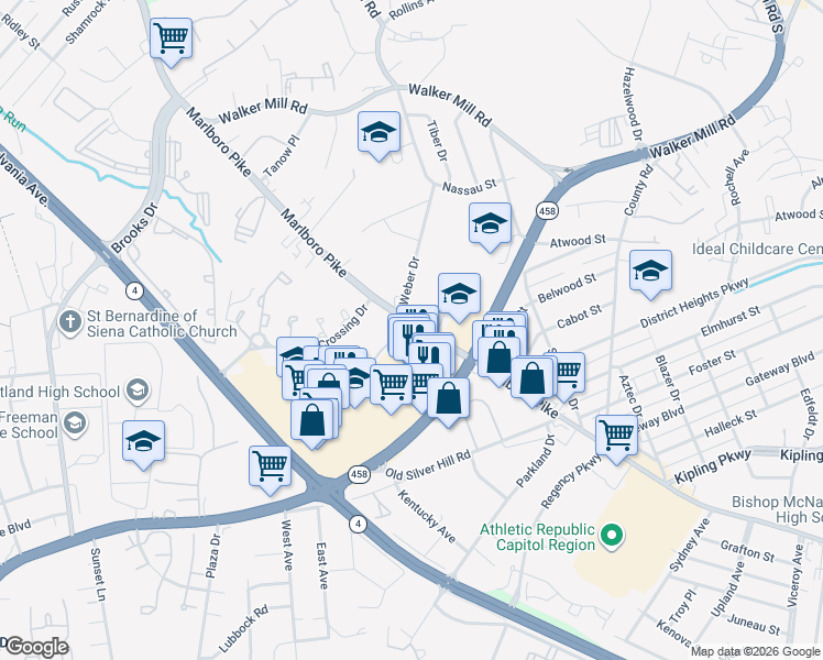 map of restaurants, bars, coffee shops, grocery stores, and more near 5815 Marlboro Pike in District Heights
