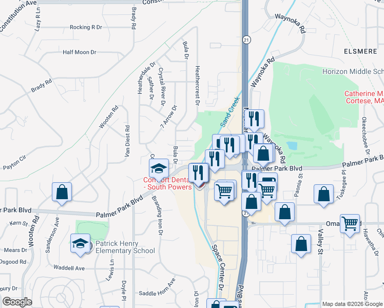 map of restaurants, bars, coffee shops, grocery stores, and more near 5560 Bowden Loop in Colorado Springs