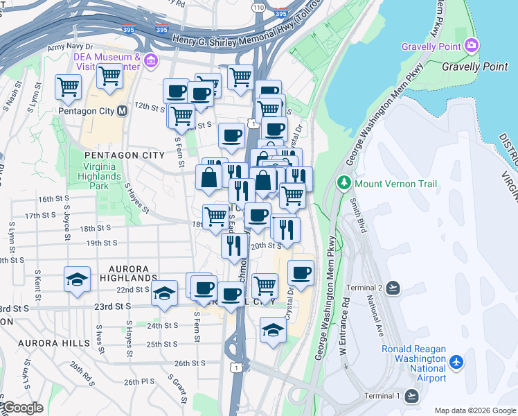 map of restaurants, bars, coffee shops, grocery stores, and more near 1750 South Bell Street in Arlington