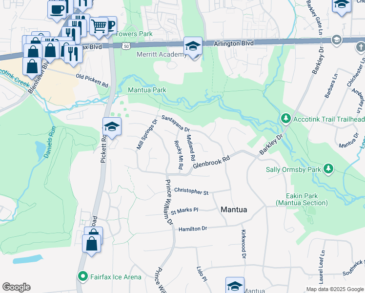 map of restaurants, bars, coffee shops, grocery stores, and more near 3309 Rocky Mount Road in Fairfax