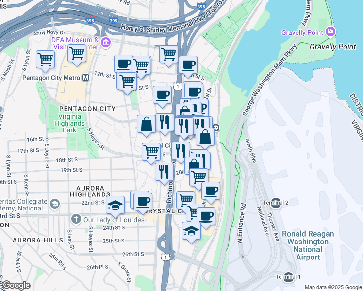 map of restaurants, bars, coffee shops, grocery stores, and more near 1750 South Clark Street in Arlington