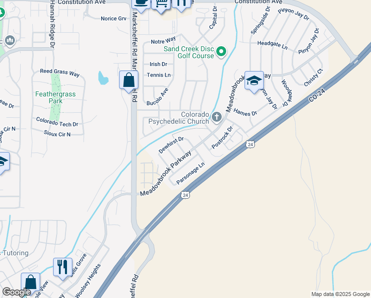 map of restaurants, bars, coffee shops, grocery stores, and more near 1821 Sheringham Drive in Colorado Springs