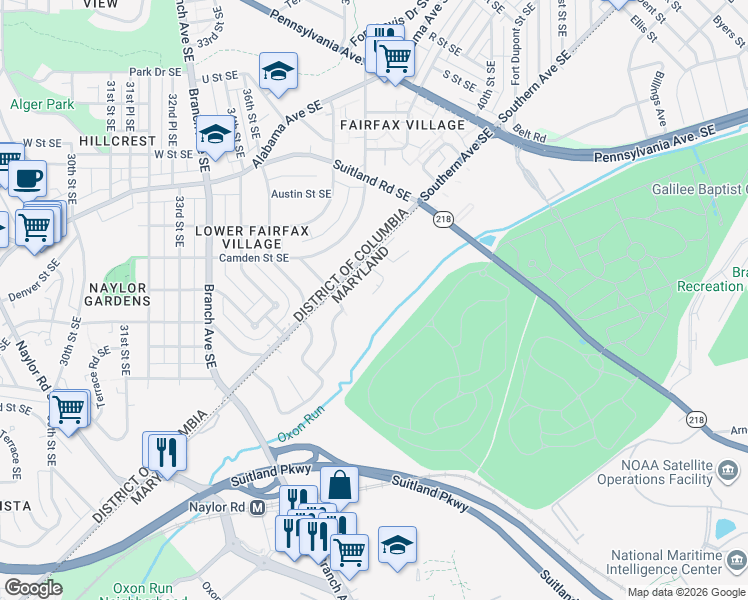 map of restaurants, bars, coffee shops, grocery stores, and more near 2344 Woodbark Lane in Hillcrest Heights