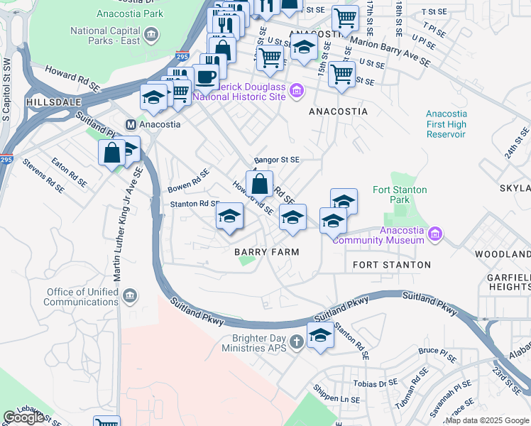 map of restaurants, bars, coffee shops, grocery stores, and more near 1467 Howard Road Southeast in Washington