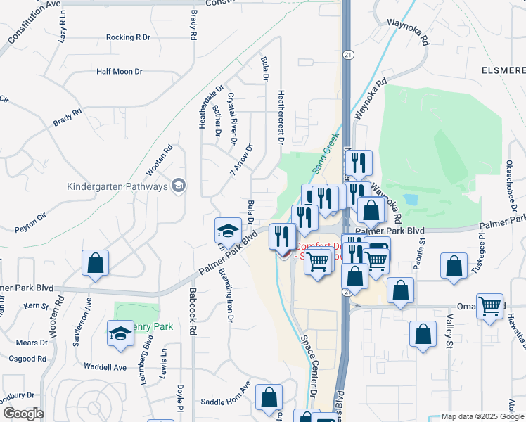 map of restaurants, bars, coffee shops, grocery stores, and more near 1705 Bula Drive in Colorado Springs