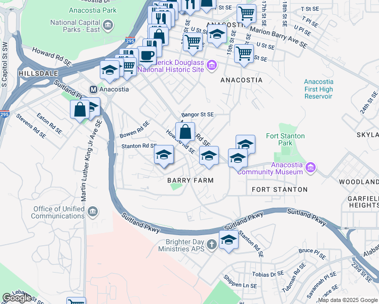 map of restaurants, bars, coffee shops, grocery stores, and more near 1467 Howard Road Southeast in Washington