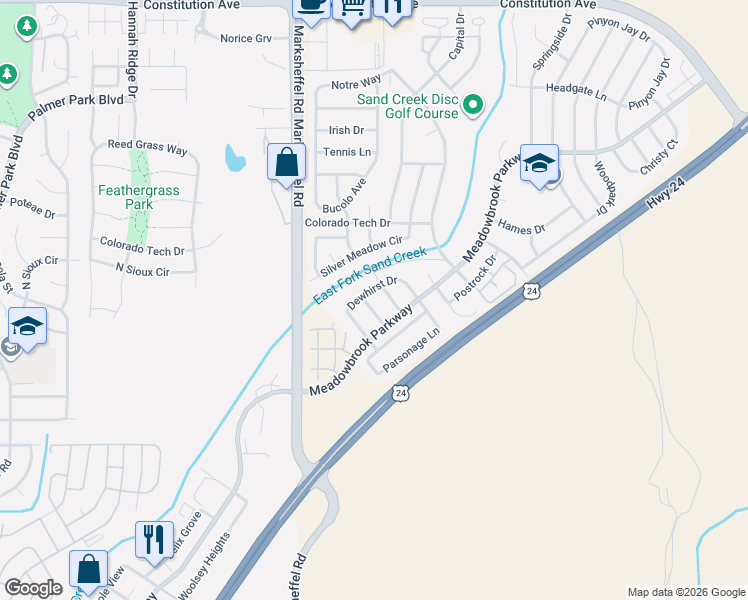 map of restaurants, bars, coffee shops, grocery stores, and more near 1883 Walton Drive in Colorado Springs