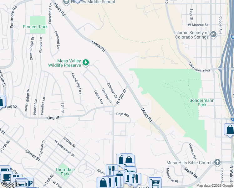 map of restaurants, bars, coffee shops, grocery stores, and more near 1219 North 19th Street in Colorado Springs