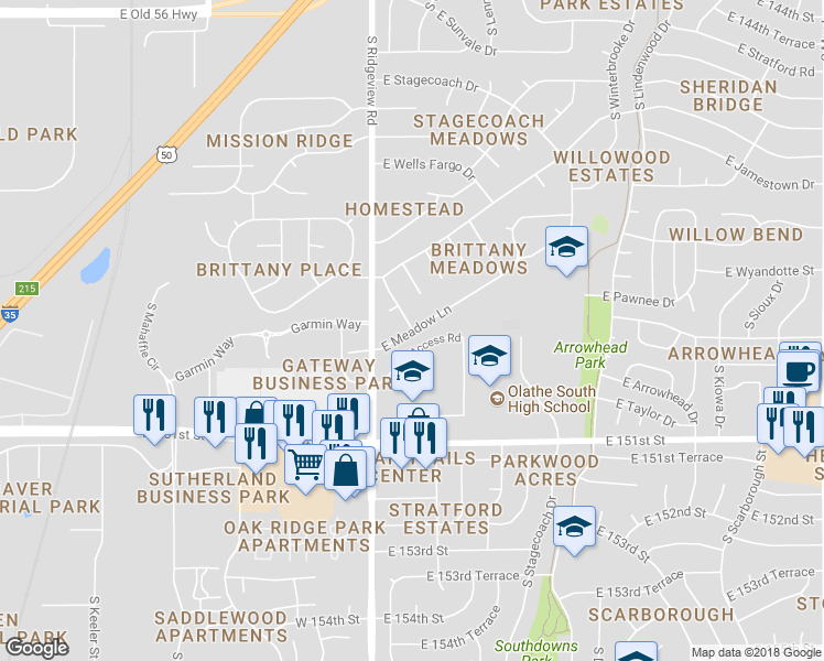 map of restaurants, bars, coffee shops, grocery stores, and more near 1431 South Avalon Lane in Olathe