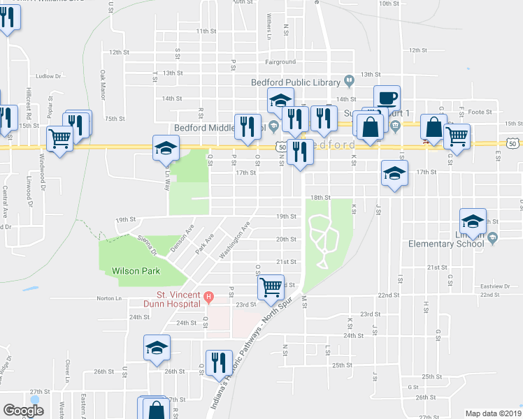 map of restaurants, bars, coffee shops, grocery stores, and more near 1814 Washington Avenue in Bedford