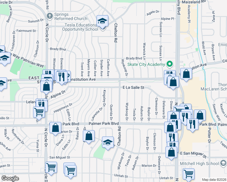 map of restaurants, bars, coffee shops, grocery stores, and more near 1715 Querida Drive in Colorado Springs