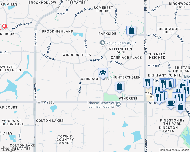 map of restaurants, bars, coffee shops, grocery stores, and more near 14905 Hayes Street in Overland Park