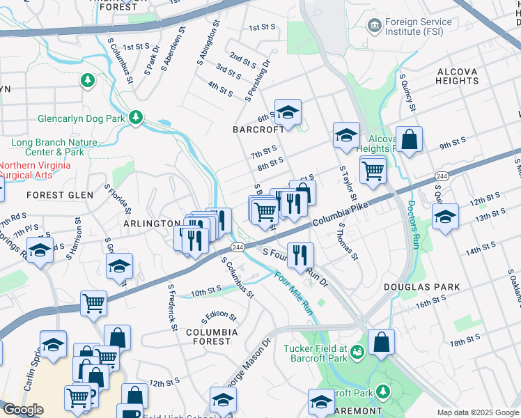 map of restaurants, bars, coffee shops, grocery stores, and more near 910 South Buchanan Street in Arlington