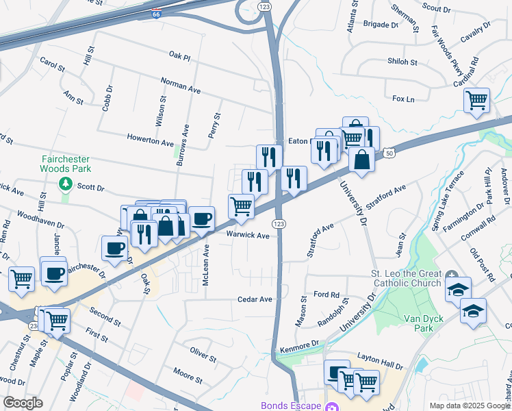 map of restaurants, bars, coffee shops, grocery stores, and more near 10536 Lee Highway in Fairfax