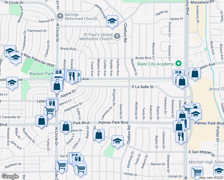 map of restaurants, bars, coffee shops, grocery stores, and more near 1717 Kingsley Drive in Colorado Springs