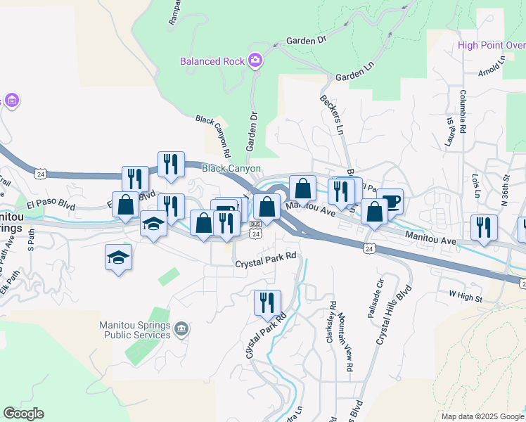 map of restaurants, bars, coffee shops, grocery stores, and more near 223 Manitou Avenue in Manitou Springs
