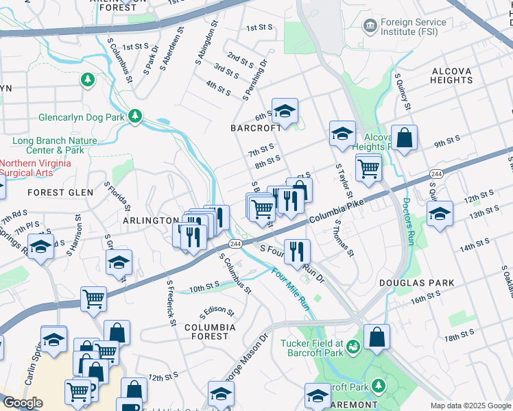 map of restaurants, bars, coffee shops, grocery stores, and more near 910 South Buchanan Street in Arlington