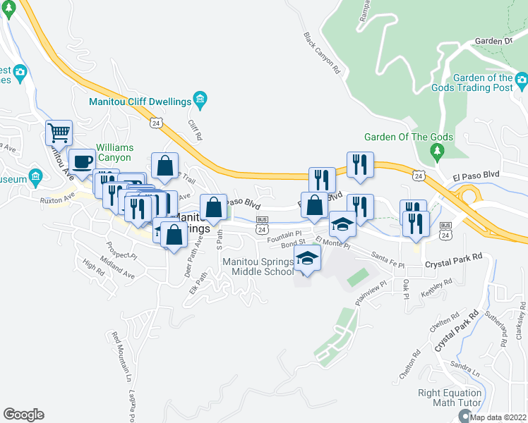 map of restaurants, bars, coffee shops, grocery stores, and more near 471 El Paso Boulevard in Manitou Springs