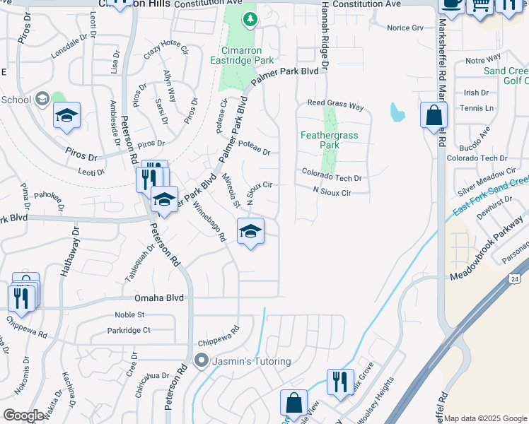 map of restaurants, bars, coffee shops, grocery stores, and more near 7242 Sioux Circle North in Colorado Springs