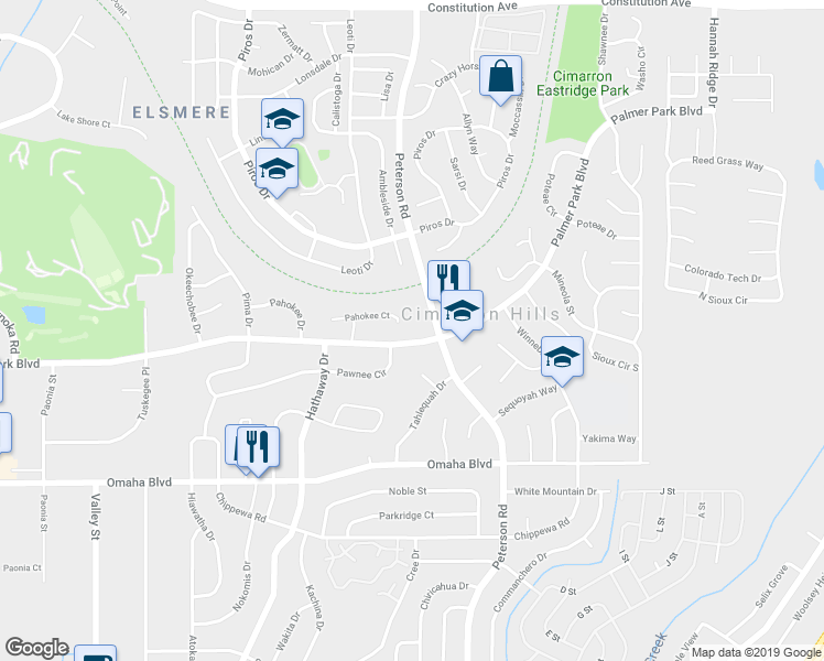 map of restaurants, bars, coffee shops, grocery stores, and more near 6835 Palmer Park Boulevard in Colorado Springs