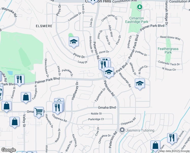 map of restaurants, bars, coffee shops, grocery stores, and more near 6835 Palmer Park Boulevard in Colorado Springs