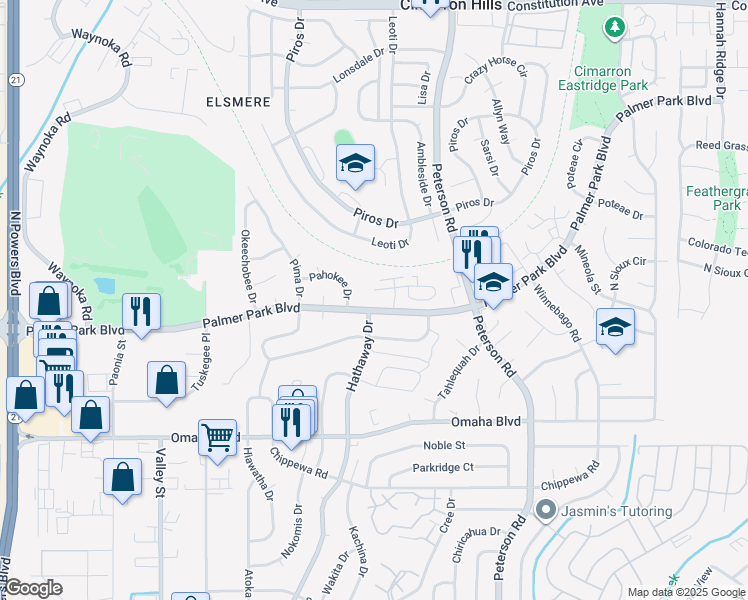 map of restaurants, bars, coffee shops, grocery stores, and more near 6615 Palmer Park Boulevard in Colorado Springs