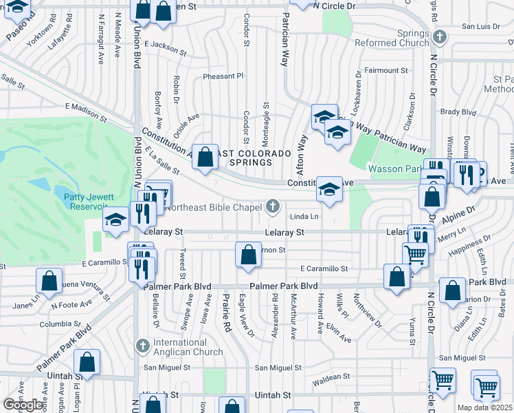map of restaurants, bars, coffee shops, grocery stores, and more near 1713 Monteagle Street in Colorado Springs