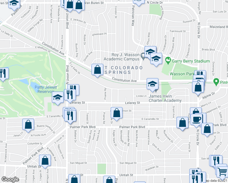 map of restaurants, bars, coffee shops, grocery stores, and more near 1713 Monteagle Street in Colorado Springs