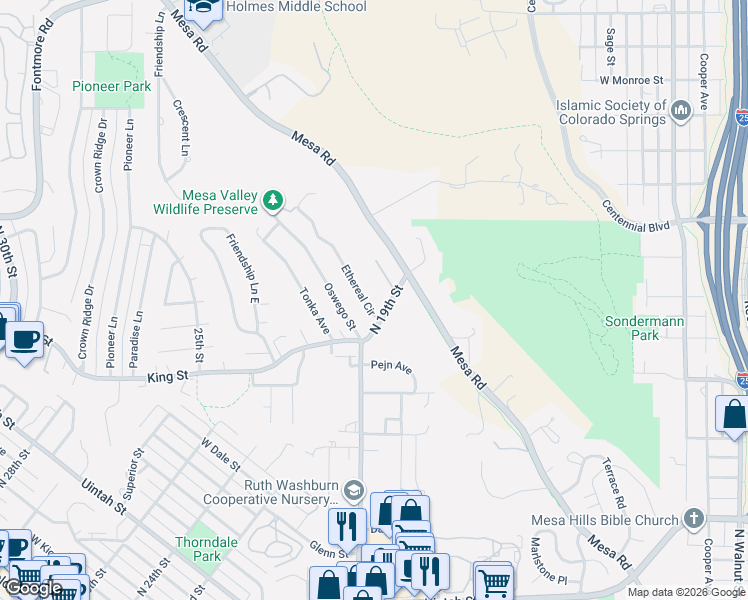 map of restaurants, bars, coffee shops, grocery stores, and more near 1219 North 19th Street in Colorado Springs