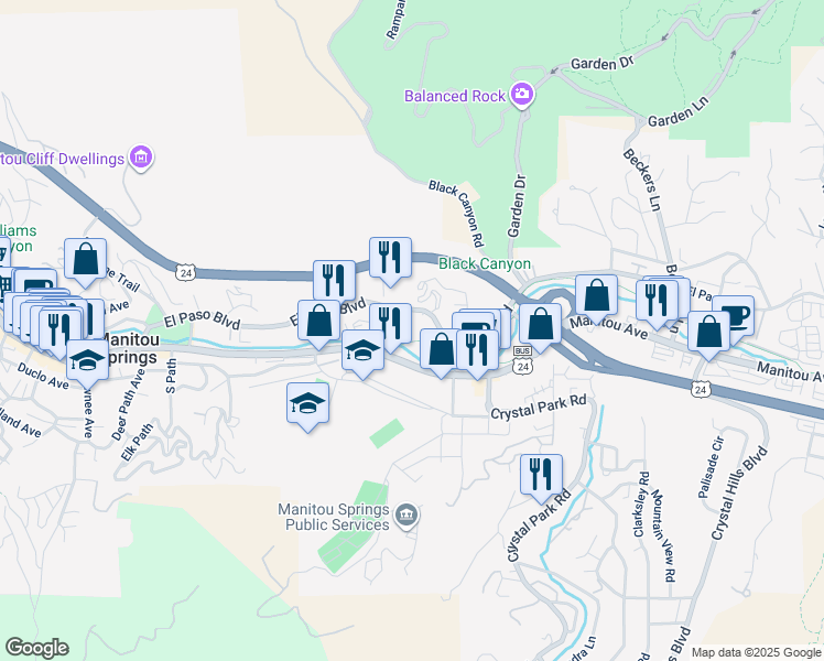 map of restaurants, bars, coffee shops, grocery stores, and more near 330 Manitou Avenue in Manitou Springs
