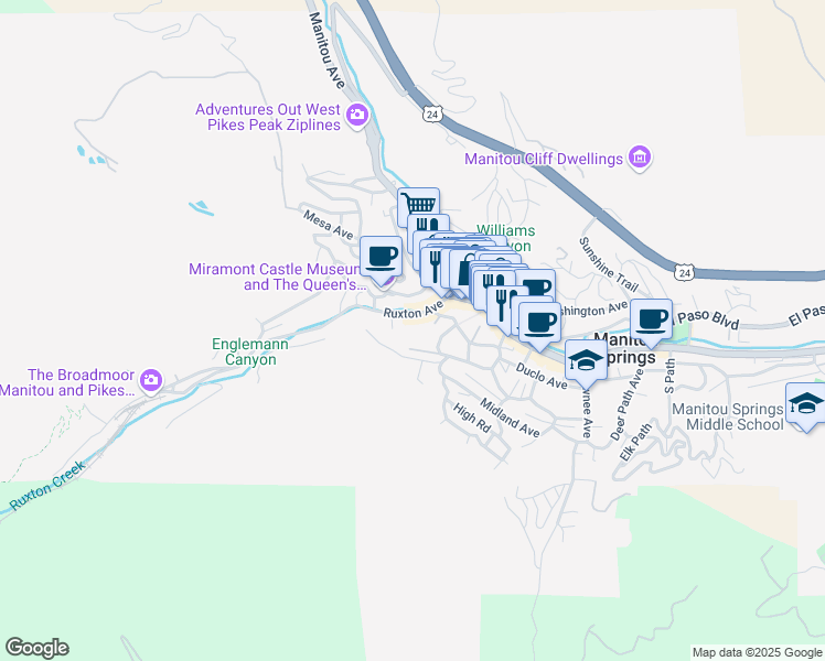 map of restaurants, bars, coffee shops, grocery stores, and more near 116 Manitou Place in Manitou Springs