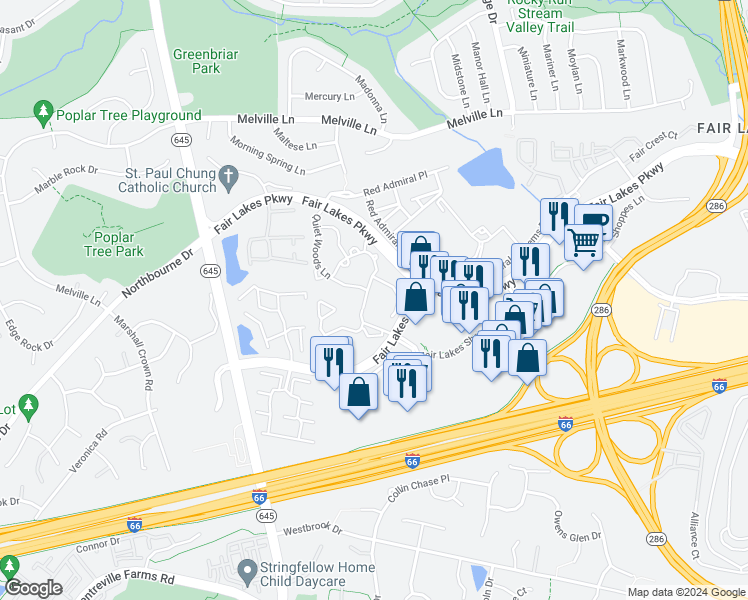 map of restaurants, bars, coffee shops, grocery stores, and more near 13102 Autumn Woods Way in Fairfax