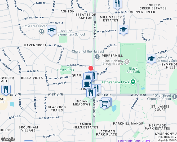 map of restaurants, bars, coffee shops, grocery stores, and more near 15008 South Black Bob Road in Olathe