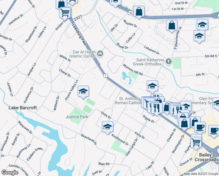 map of restaurants, bars, coffee shops, grocery stores, and more near 6129 Leesburg Pike in Falls Church