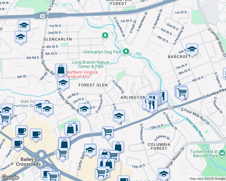 map of restaurants, bars, coffee shops, grocery stores, and more near 742 South Granada Street in Arlington