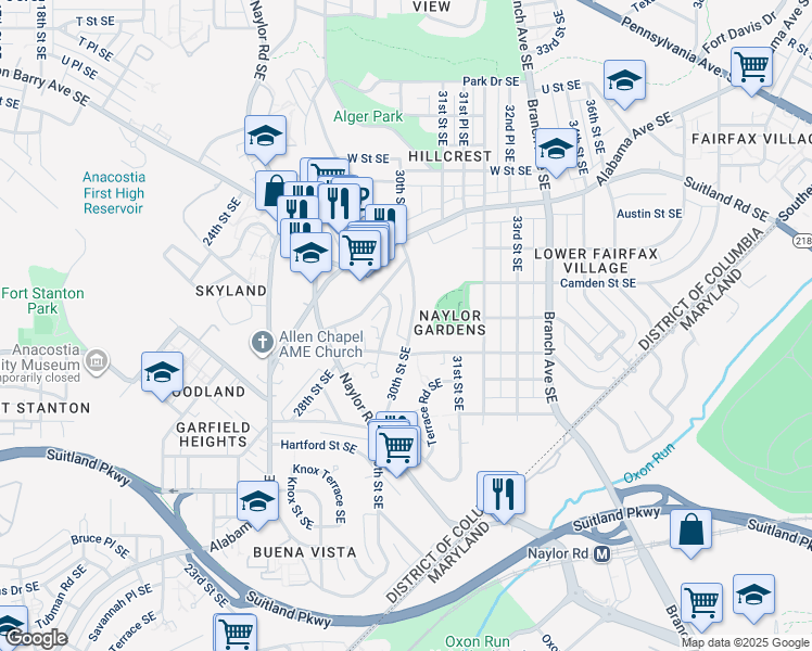 map of restaurants, bars, coffee shops, grocery stores, and more near 2645 30th Street Southeast in Washington