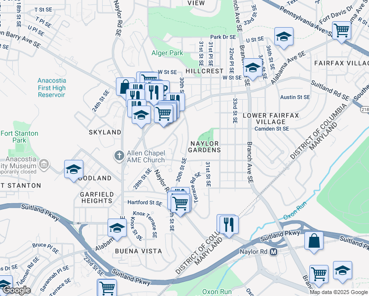 map of restaurants, bars, coffee shops, grocery stores, and more near 2645 30th Street Southeast in Washington