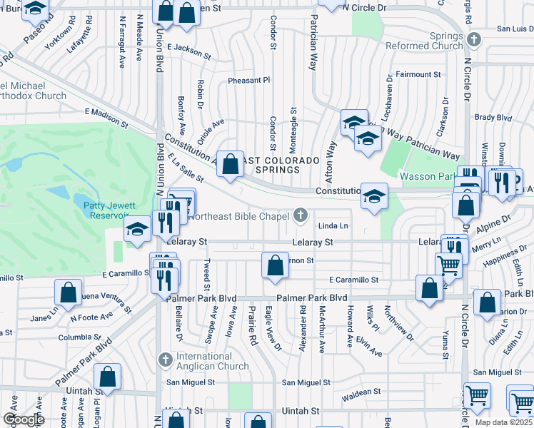 map of restaurants, bars, coffee shops, grocery stores, and more near 1809 Eagle View Drive in Colorado Springs