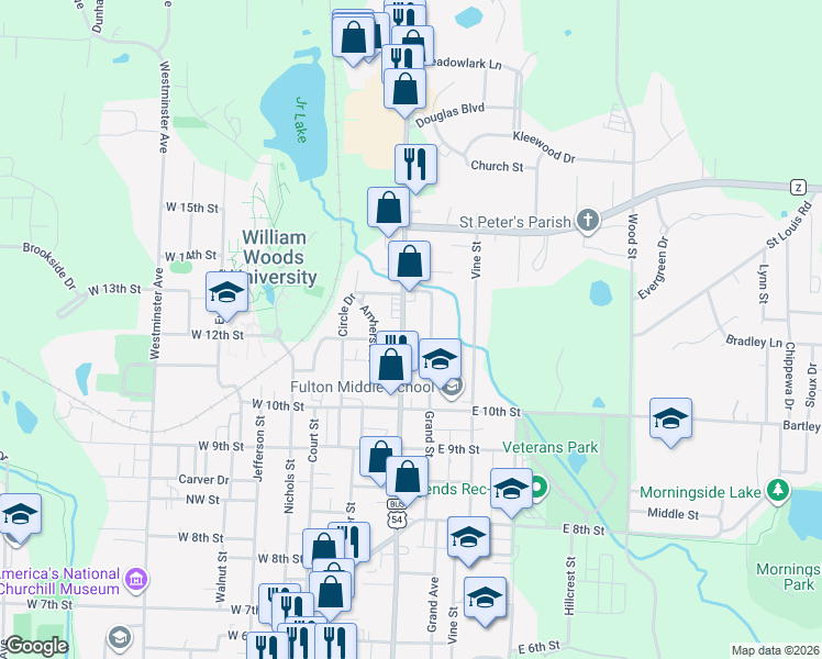 map of restaurants, bars, coffee shops, grocery stores, and more near 1100-1198 N Bluff St in Fulton
