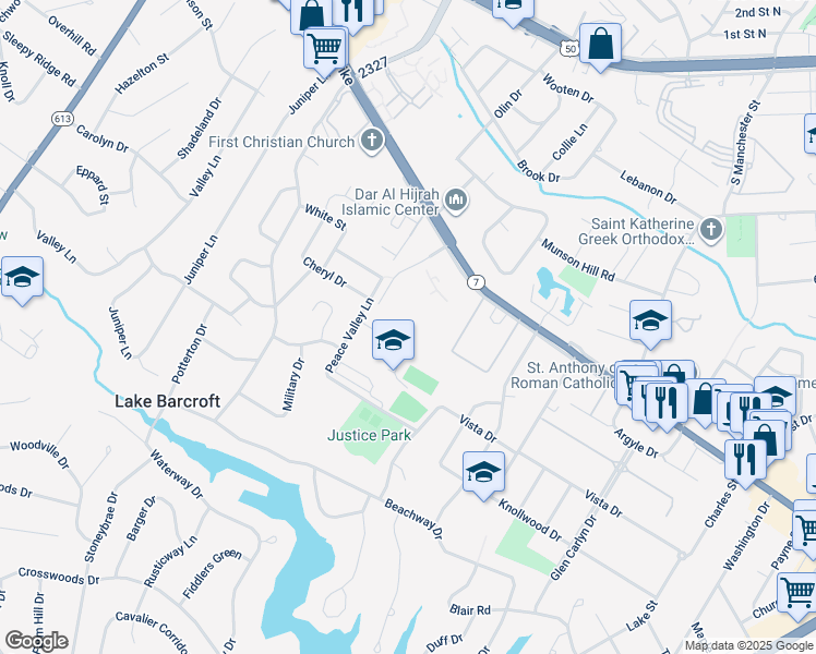 map of restaurants, bars, coffee shops, grocery stores, and more near 3245 Rio Drive in Falls Church