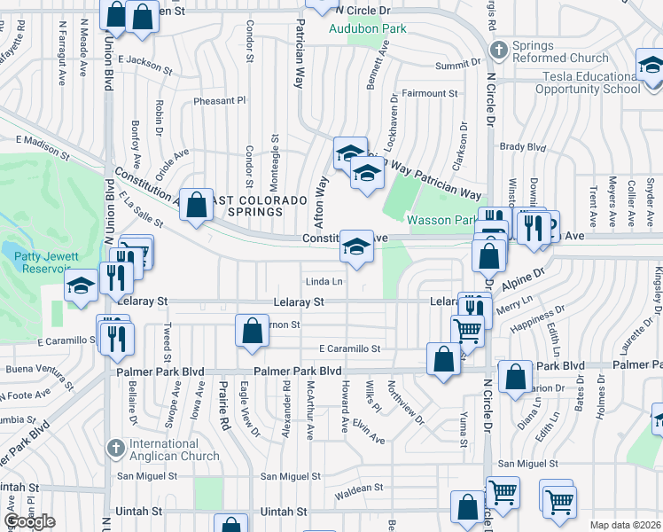 map of restaurants, bars, coffee shops, grocery stores, and more near 2513 Linda Lane in Colorado Springs