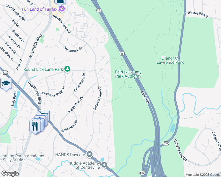 map of restaurants, bars, coffee shops, grocery stores, and more near 5411 Gladewright Drive in Centreville