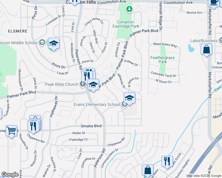 map of restaurants, bars, coffee shops, grocery stores, and more near 1780 Winnebago Road in Colorado Springs