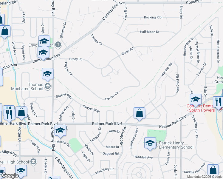 map of restaurants, bars, coffee shops, grocery stores, and more near 1925 Payton Circle in Colorado Springs
