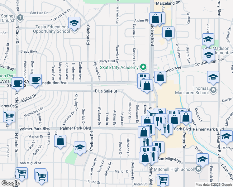 map of restaurants, bars, coffee shops, grocery stores, and more near 1714 Baylor Drive in Colorado Springs