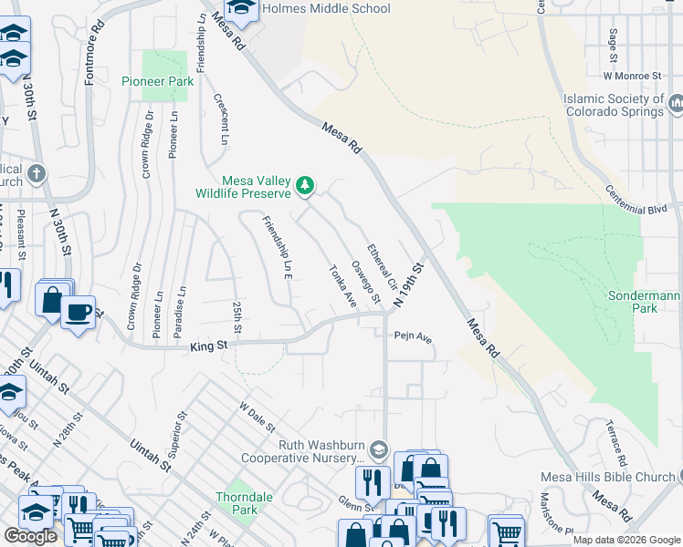 map of restaurants, bars, coffee shops, grocery stores, and more near 1220 Tonka Avenue in Colorado Springs
