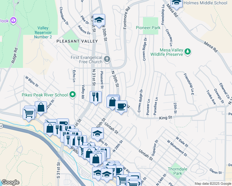 map of restaurants, bars, coffee shops, grocery stores, and more near 618 North 30th Street in Colorado Springs