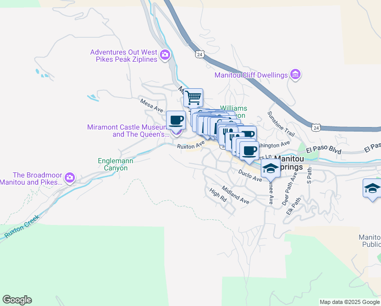 map of restaurants, bars, coffee shops, grocery stores, and more near 116 Manitou Place in Manitou Springs